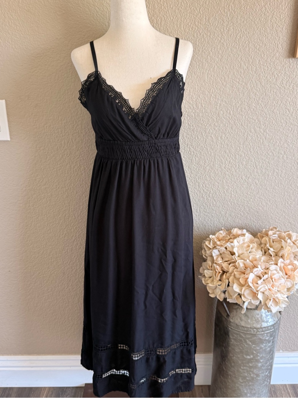 Black Lace Trim Maxi Dress - Spaghetti Strap